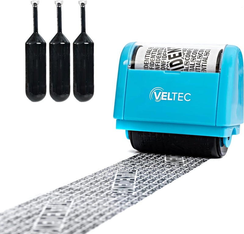 Veltec ID Protector Ink Roller - Identity Theft Protection Roller Stamp Set (Blue, Stamp+3 Refills) - Image 1